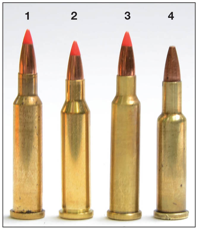 These .17-caliber cartridges include the (1) .17 Ackley Hornet, (2) .17 Hornady Hornet, (3) .17 Kimber Hornet R2 and the (4) .17 Kimber Hornet.